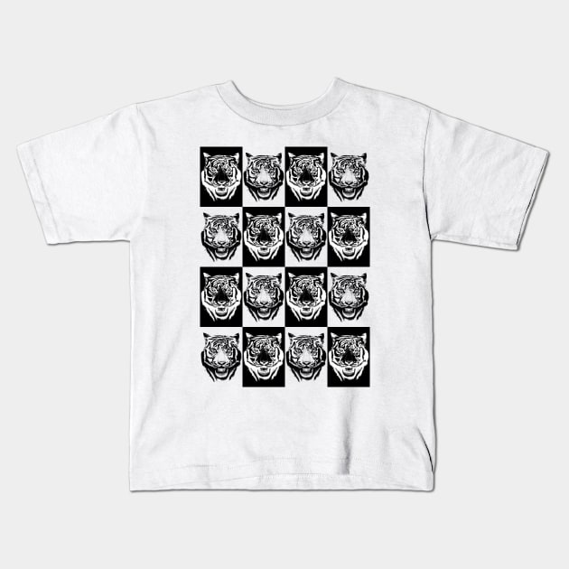 Tiger Face Checkerboard Kids T-Shirt by bens black line art